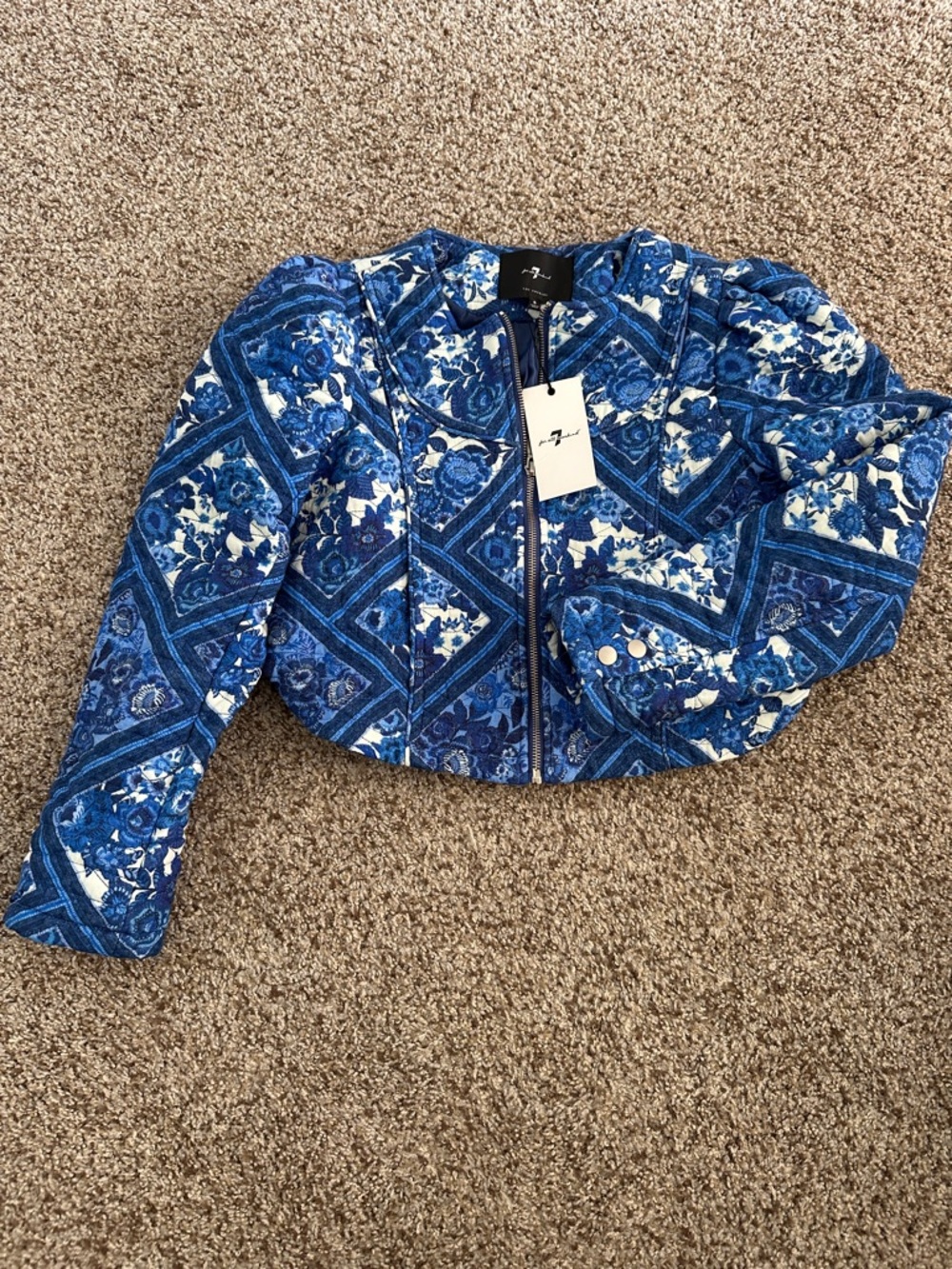 7 For All Mankind Blue Floral Quilted Crop Jacket